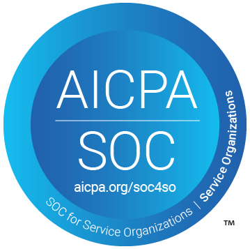 AICPA SOC certification badge for Service Organizations with the URL aicpa.org/soc4so on a blue circular background.