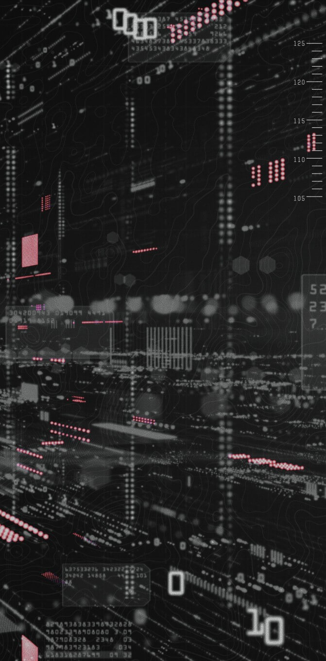 Dark futuristic digital interface with overlaid data streams, numeric codes, red dot-matrix displays, and measurement scales.