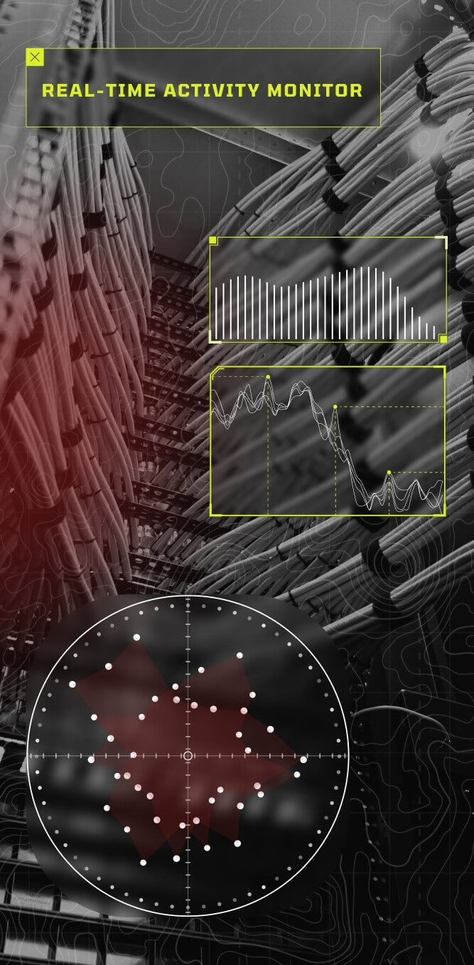 Real-time activity monitor displaying network analytics graphs and radar visualization over server cable infrastructure.