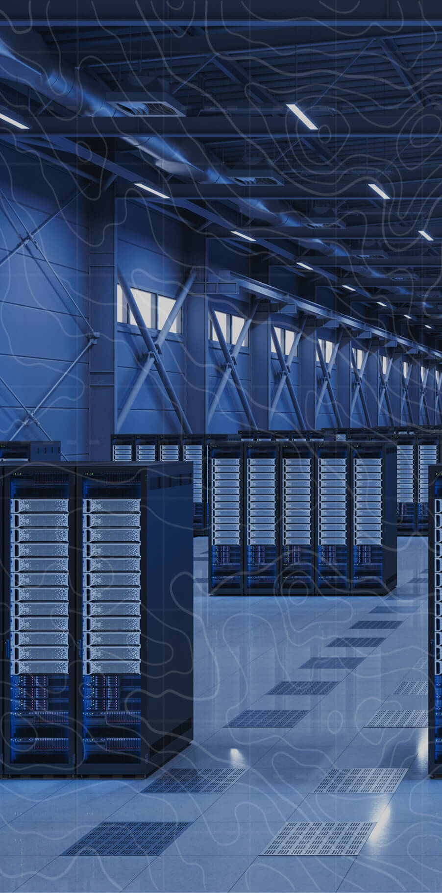 Blue-toned data center interior with rows of server racks and overhead cabling, overlaid with abstract digital pattern lines.