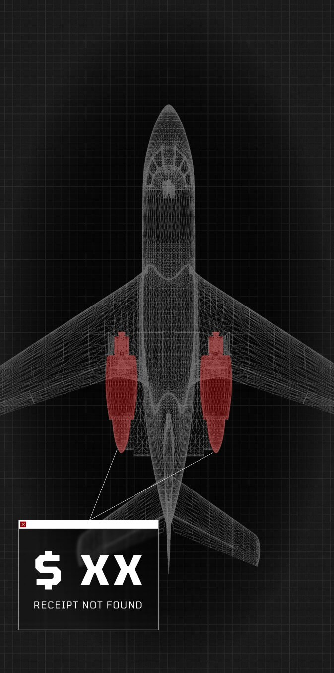 Wireframe top-down view of a jet with red-highlighted engines and a "$XX Receipt Not Found" error popup overlay.