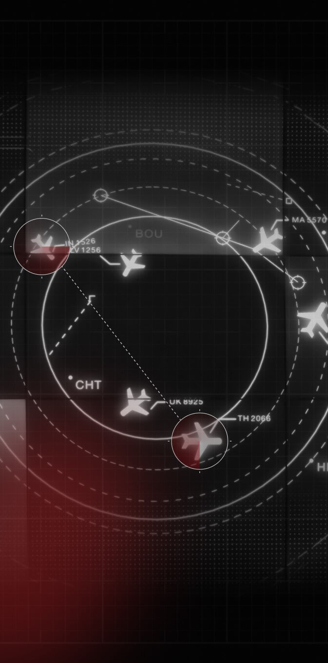 Air traffic control radar display tracking multiple flights with labeled aircraft icons, waypoints, and concentric range