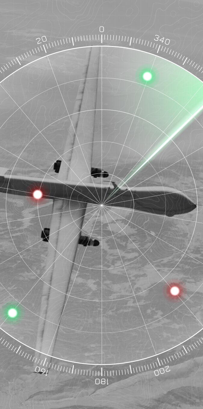 Aerial view of a military drone overlaid with a radar display featuring green and red detection indicators.