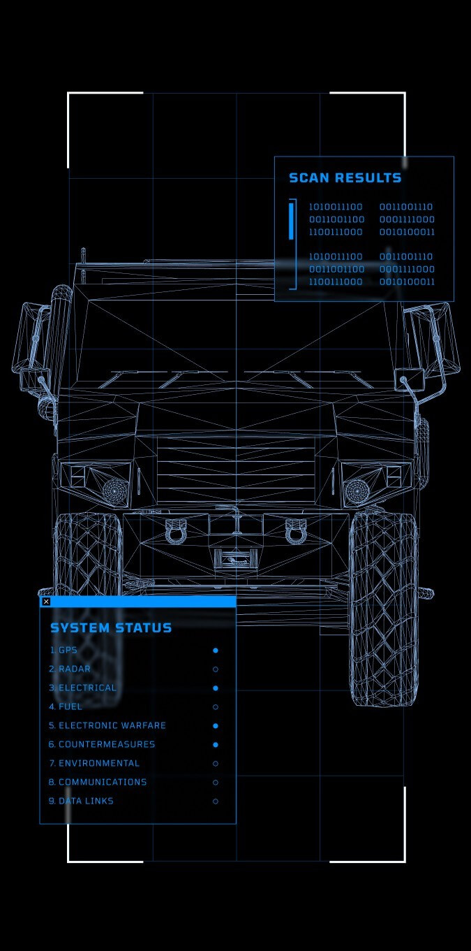 Wireframe military vehicle with diagnostic overlays displaying scan results and system status for predictive fleet