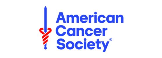 American Cancer Society logo featuring a blue caduceus-style sword with a red ribbon and bold blue text.