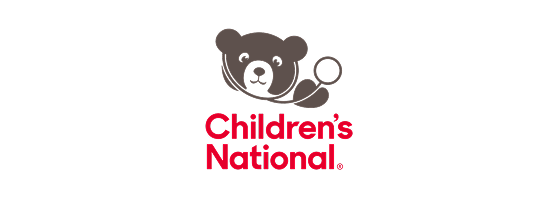 Children's National logo featuring a friendly cartoon bear holding a stethoscope above red text.
