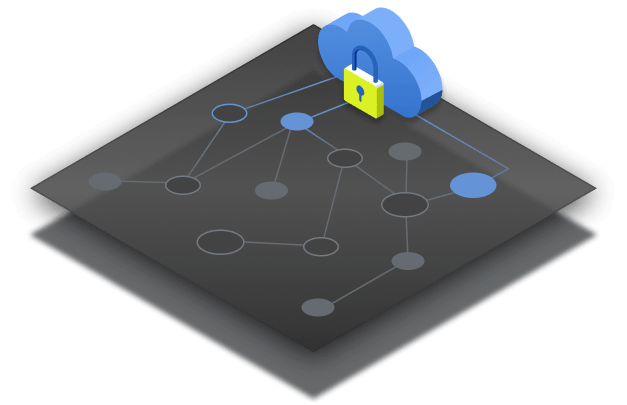 A blue cloud icon with a padlock sits above a dark platform displaying an interconnected network of nodes.