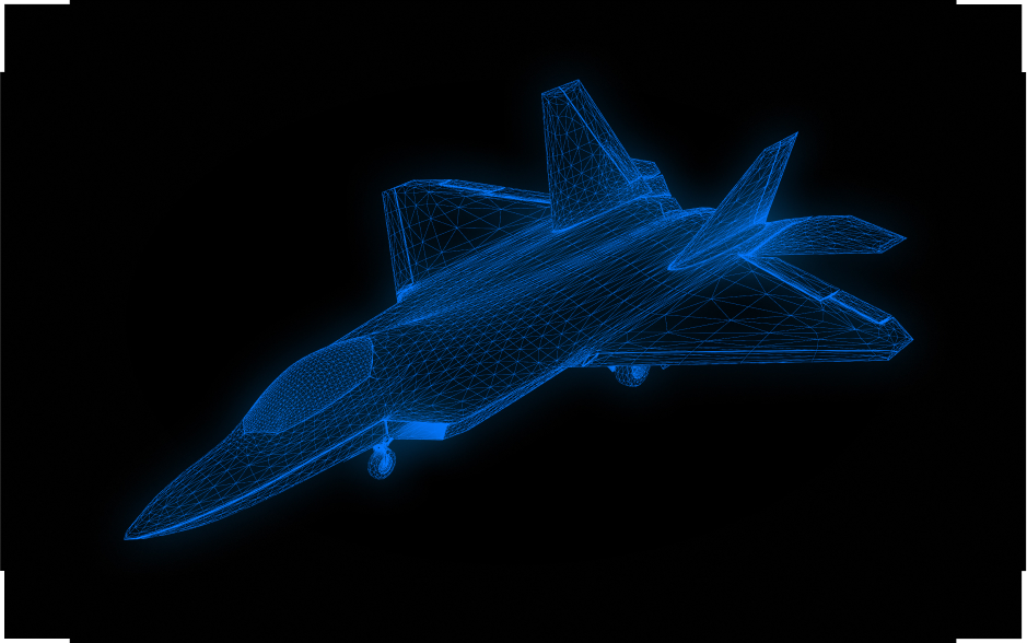 Credence-Cloud Blue wireframe 3D rendering of a stealth fighter jet against a black background.