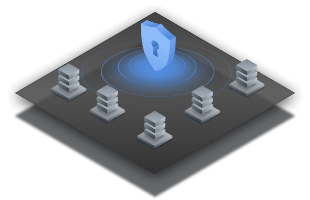 A glowing blue shield with a lock icon stands at the center of a dark platform surrounded by five server stacks.