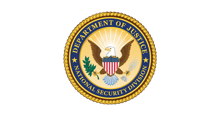 Official seal of the Department of Justice National Security Division featuring a bald eagle with a shield and olive branch.