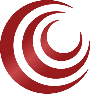 Credence logo featuring three nested dark red crescent shapes spiraling inward on a white background.