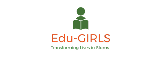 Edu-GIRLS logo featuring a green figure reading a book with the tagline "Transforming Lives in Slums" in orange text.