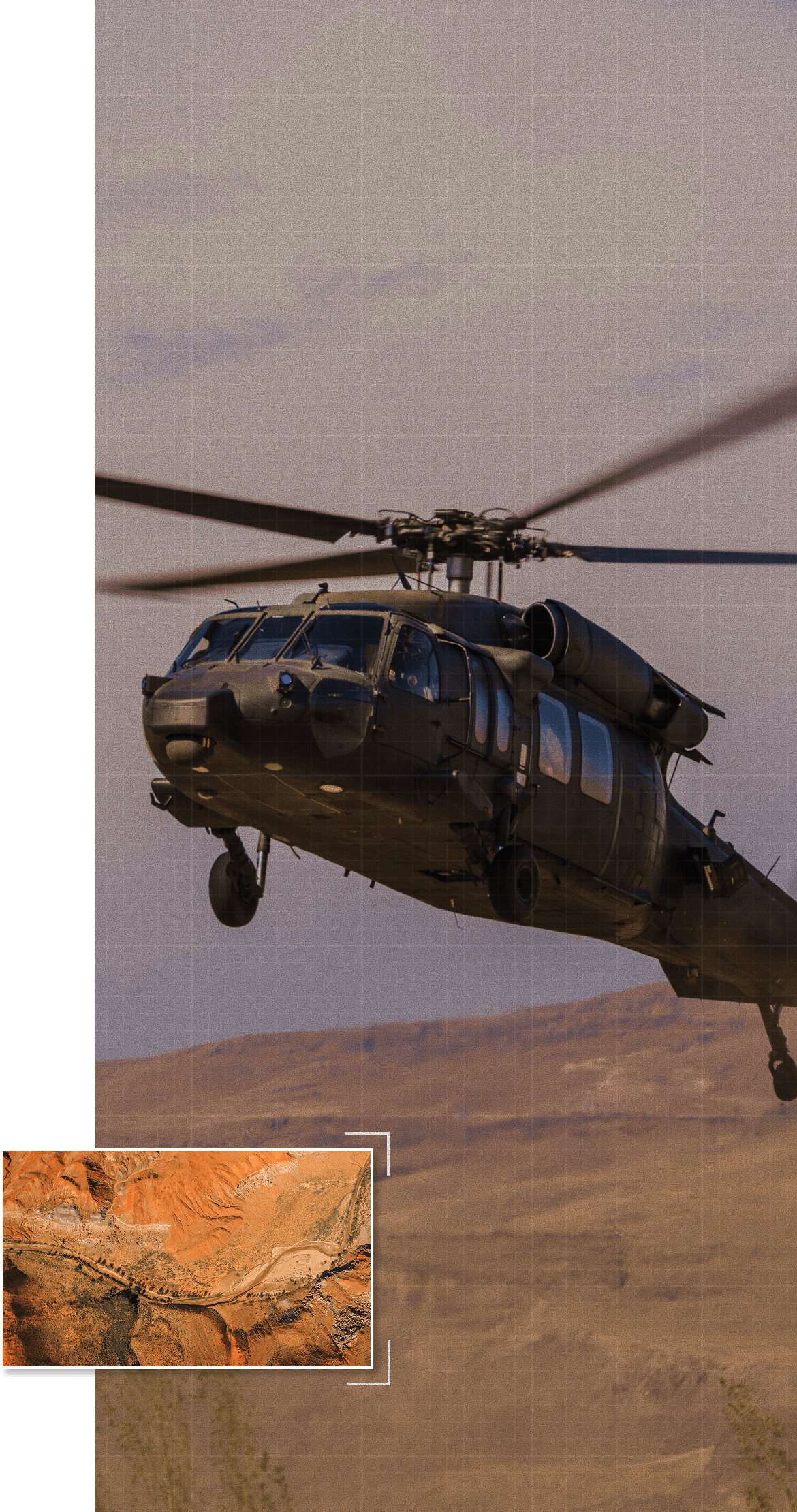 Credence Home Mission Success A dark military Black Hawk helicopter flies over arid desert terrain with a red rock canyon inset image below.