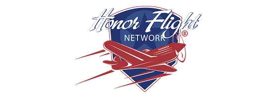 Honor Flight Network logo featuring a red vintage airplane flying over a blue shield with white stars and red stripes.