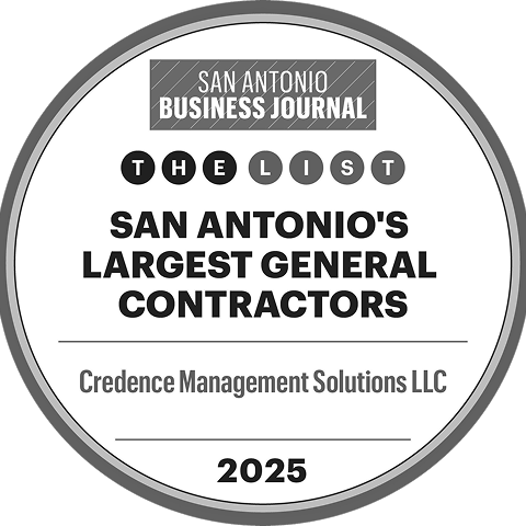 San Antonio Business Journal 2025 award badge recognizing Credence Management Solutions LLC as a largest general contractor.