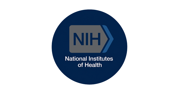 National Institutes of Health (NIH) logo featuring gray and blue arrow design on a dark navy circular background.
