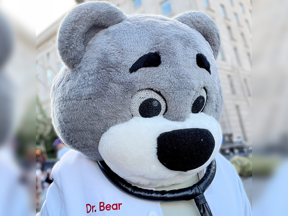 Dr. Bear, the Children's National Hospital gray bear mascot, wearing a white coat and stethoscope outdoors.