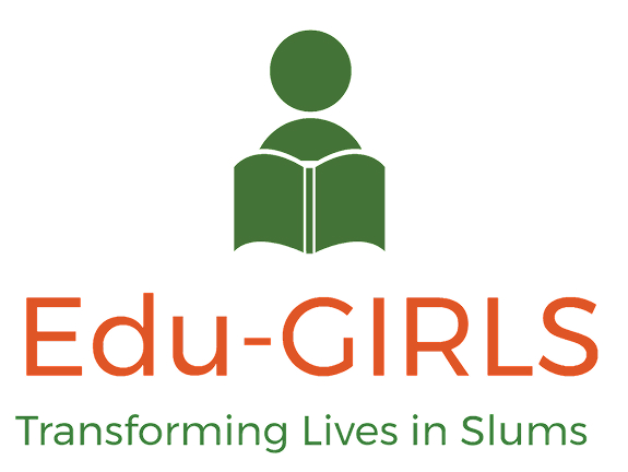 Edu-GIRLS logo featuring a green figure reading an open book with the tagline "Transforming Lives in Slums" in orange.