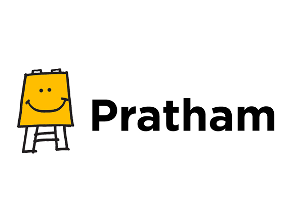 Pratham logo featuring a smiling yellow easel character beside the word "Pratham" in bold black text.