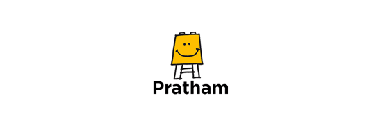Pratham logo featuring a yellow smiling easel character with a friendly face above the bold black text "Pratham."