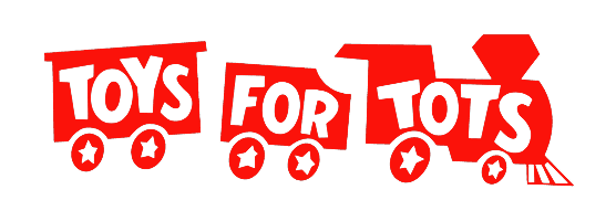 Toys for Tots logo featuring red toy train cars with star-decorated wheels spelling out the charity's name in white letters.