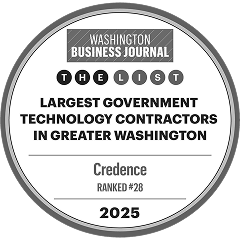 A circular award badge from Washington Business Journal recognizing Credence as ranked #28 among largest government