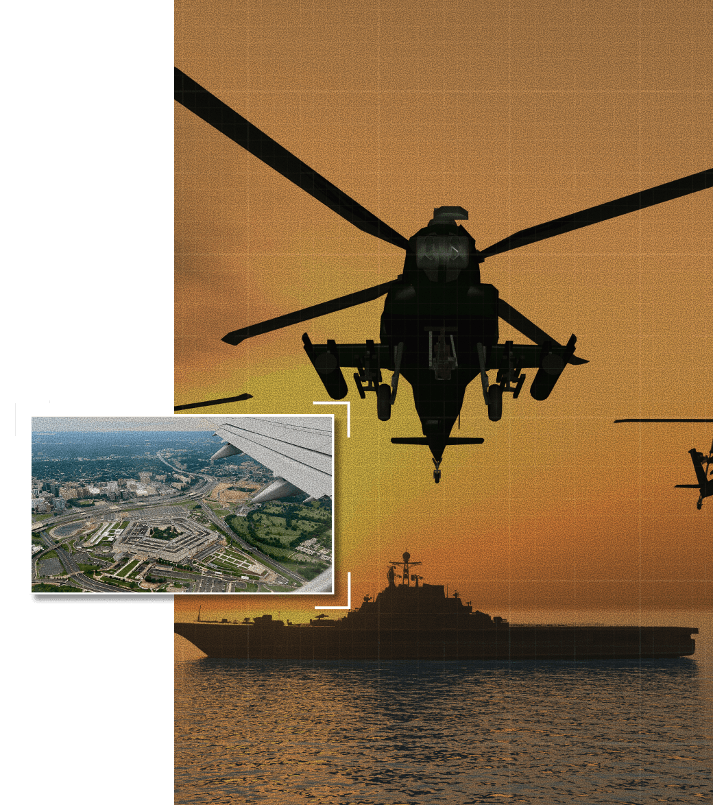 Credence Who We Are How To Buy CDAO Updated Military helicopters silhouetted against a sunset sky above a naval warship, with an inset aerial photo of the Pentagon.
