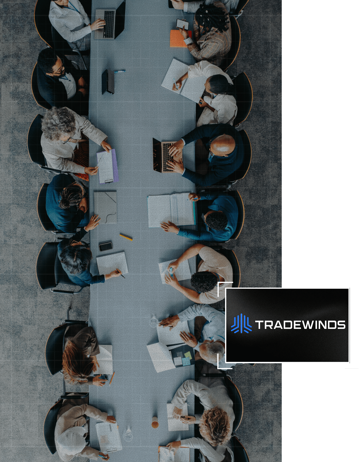 Credence Who We Are How To Buy Consortia Overhead view of professionals collaborating around a long conference table with laptops and documents, featuring the