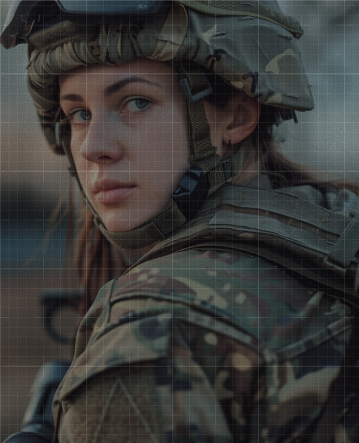 Credence Who We Are How To Buy OTAS Updated (1) A young female soldier wearing a camouflage uniform, tactical helmet, and body armor gazes intently into the distance.