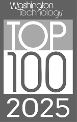 Washington Technology Top 100 2025 award badge displayed in gray and white with bold typography.