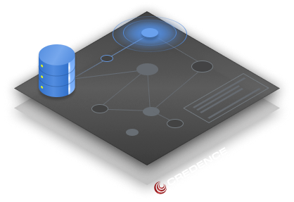A blue database cylinder beside a dark isometric platform displaying connected nodes in a network diagram.