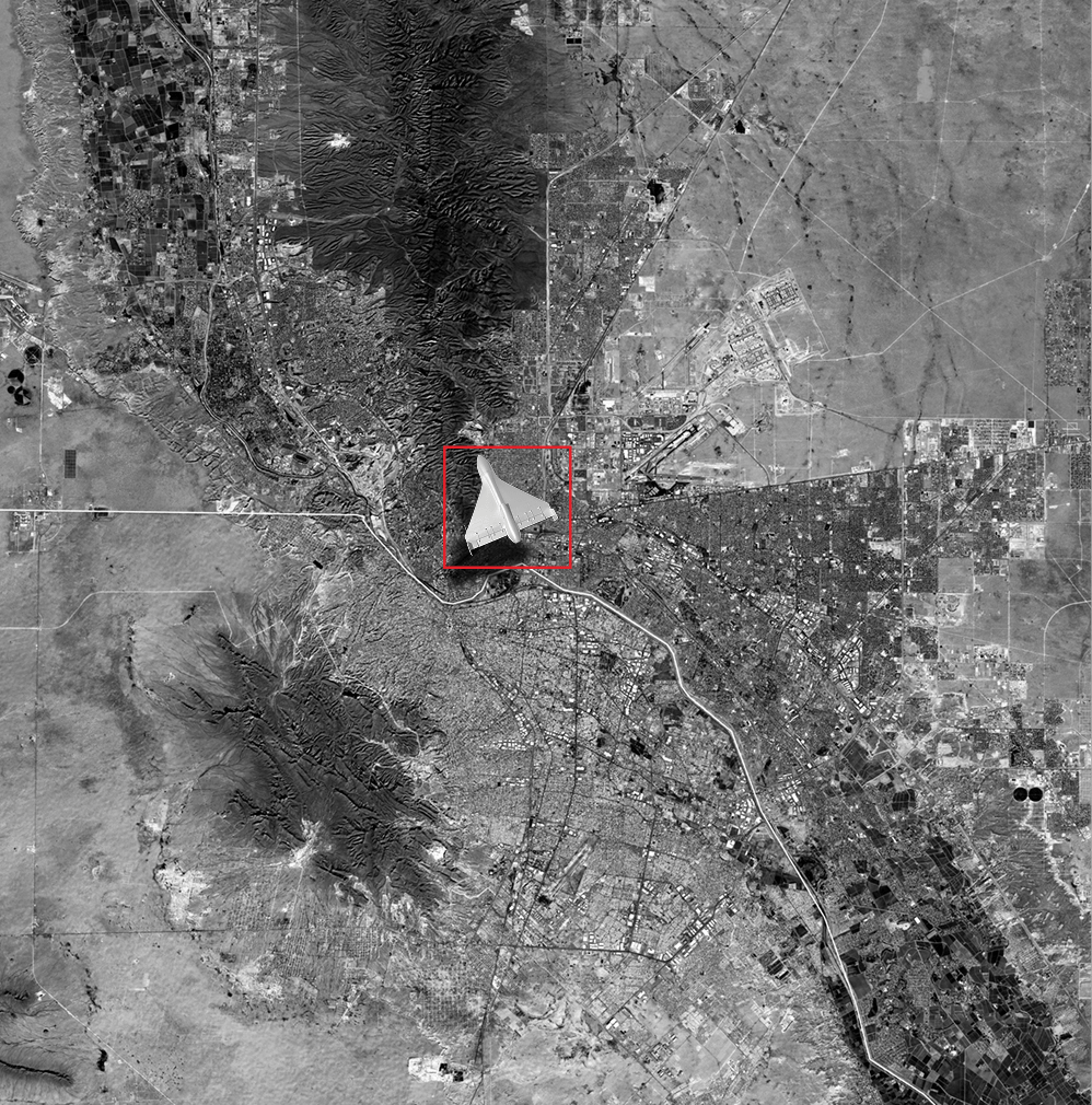 A stealth aircraft highlighted with a red box overlays a black-and-white satellite image of an urban and mountainous