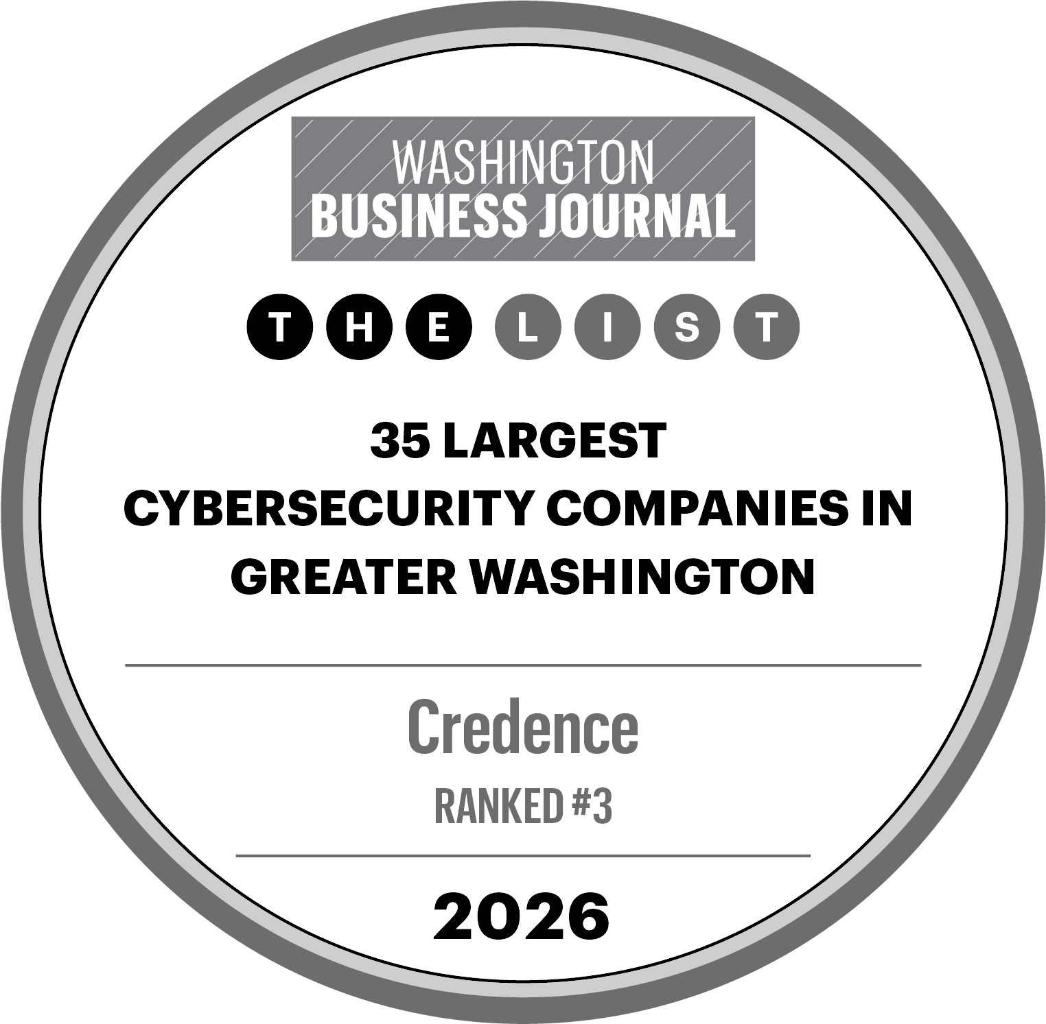 Washington Business Journal 2026 badge ranking Credence #3 on The List of 35 Largest Cybersecurity Companies in Greater